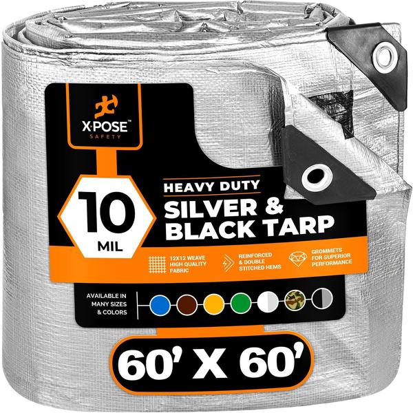 Xpose Safety 60 ft x 60 ft Heavy Duty 10 mil Tarp, Silver/Black, Polyethylene STH-6060-X